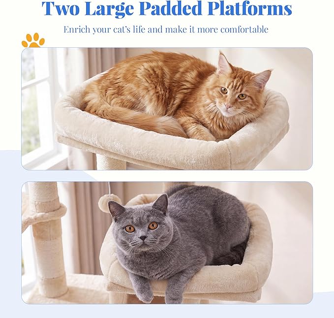 Hey-brother Cat Tree, 74 inches Multi-Level XL Large Cat Tower for Indoor Cats with Three Cat Condos, Two Large Top Decks and Cat Hairbrushfor Kittens, Cats and Pets, Beige MPJ035-MM