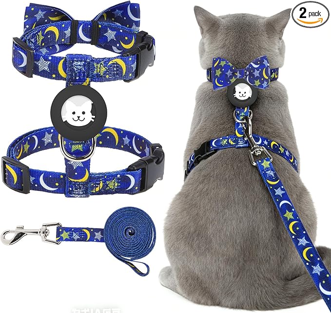 EXPAWLORER Cat Harness and Leash Set with AirTag Holder, Escape Proof Safe Lightweight Adjustable Soft Kitten Harness Set with Bowknot for Small Medium Large Cat Walking Travel Outdoor, Star-Moon