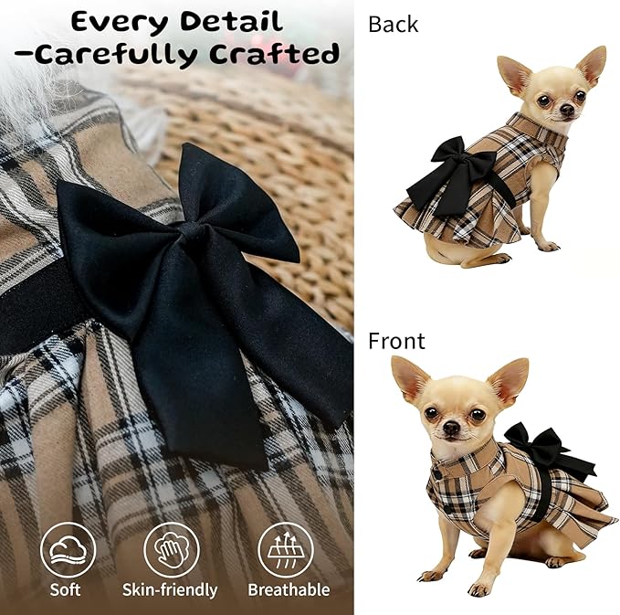 Classic Plaid Dog Dress with Bow Tie for Small Dogs Cats Girls, Cute Puppy Dresses Clothes with Bowknot Chihuahua French Bulldog Pet Apparel Outfits (Chestnut Brown, Medium)
