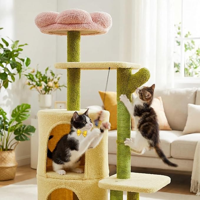 Erinnyees Flower Cat Tree, 38.2 Inches Cat Tower, Multi-Level Indoor Kitty Tree Tower, Kitty House with Cozy Top Flower Platform, Spacious Condos, Soft Hammock, Sisal Scratching Post