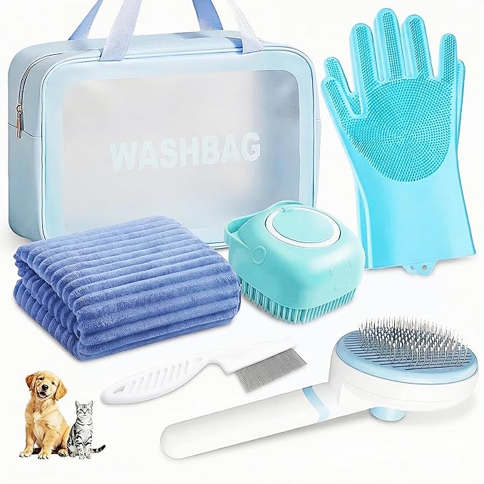 6PCS Dog Bath Kit & Dog Brush Kit for Dogs & Cats - Professional Pet Grooming Tools Set with Shedding Brush, Bath Scrubber, Dematting Comb & Storage Bag - Complete Dog Washing Essentials, Blue