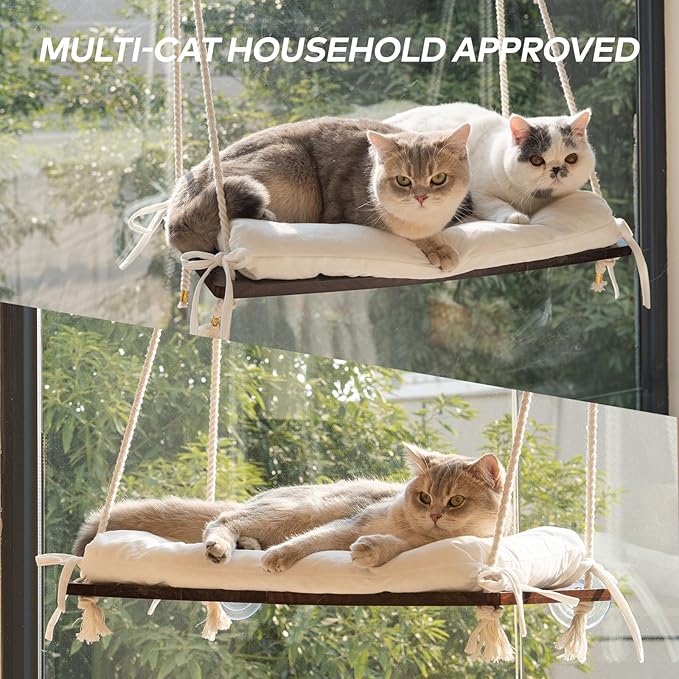 CHEERPALS Cat Window Perch for Indoor Cats, Wooden Cat Bed for Window with Washable Cushion, Hanging Kitty Hammock Suitable for Small-to-Large Cats
