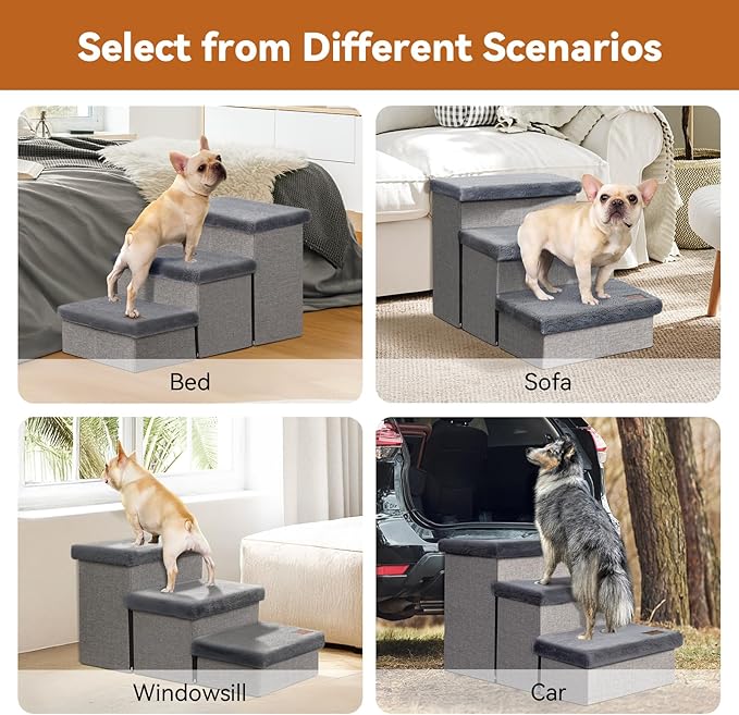 Zerbuger Dog Stairs with Furry Lids 18" H, 3-Step Wider Dog Steps with Storage for Small/Medium/Large Old Dogs Cats, Folding Sturdy Pet Stairs Climbing Bed Couch, Ramp for Car Hold Up to 200 lbs, Grey
