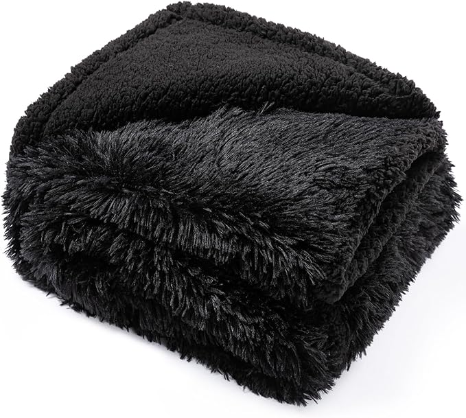 Black Waterproof Calming Pet Blankets for Dogs Reversible Long Faux Fur Fluffy Blanket for Doggie Cats Sherpa Fleece Warm Couch Sofa Beds Covers (Black,L-65x57in)
