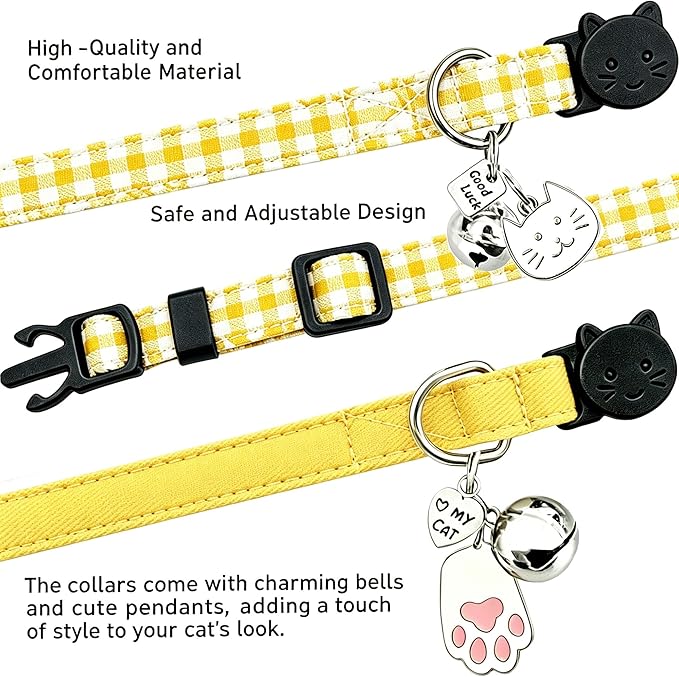 2 Pack Cotton Breakaway Cat Collars with Bell and Charms Yellow Solid Plaid Safety Collars for Girl Boy Cats, Cat Head and Paw Pendant Cute Kitten Collars