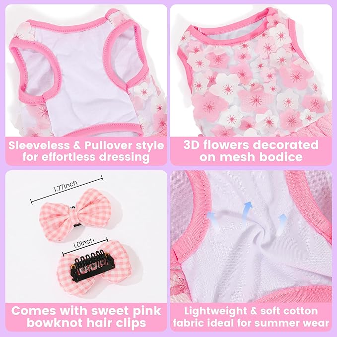 Dog Dress, Fashion Puppy Tutu Princess Dresses for Small Dogs Girl, Sweet Skirt with Dog Bowknot Clips, Spring Dog Cat Clothes Pet Apparel (Pink Floral Dress, Small)