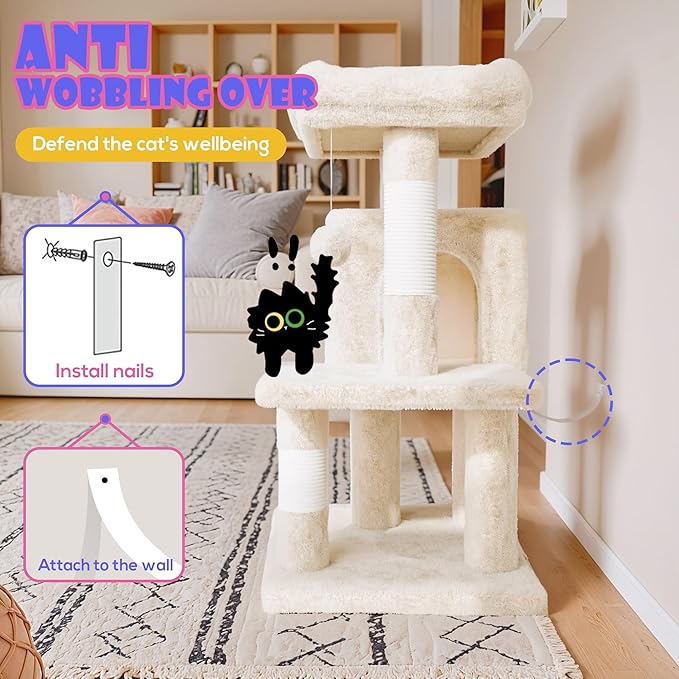 SHA CERLIN 29in Cat Tree for Indoor Cats, Multi-Level Cat Tower with Large Perch, Cozy Condo, Playful Toy Balls, Sisal Scratching Posts, Stable Pet Furniture Activity Center, Space-Saving, Beige