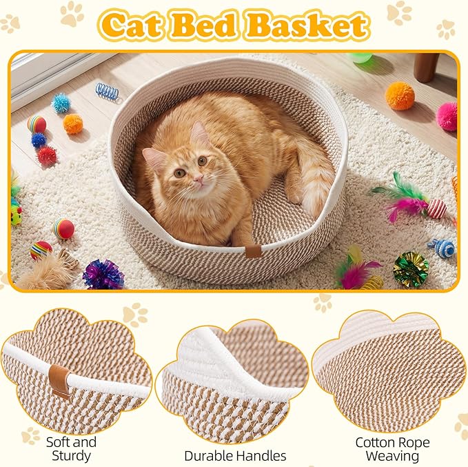 Leitee Sunmmer Cat Bed Storage Basket with 40 Pcs Cat Variety Toys Pack Set Includes Pillows, Spring Toy, Fish, Chew Rope and Balls for Kitten Kitty Swat Hunt Interactive Pet(White,Yellow)