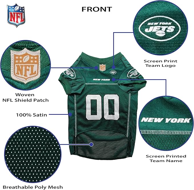Pets First NFL New York Jets Dog Jersey, Size X-Small, Football Shirt Costume for Pet, Dog Sports T-Shirt, NFL Team Clothing for Cats, Licensed Pet Apparel Available in 7 Sizes and 32 Teams