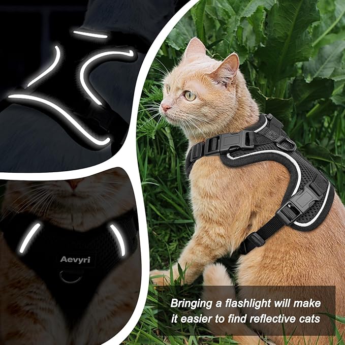 Cat Harness, Cat Harness and Leash for Walking, Adjusted in Four Directions and Breathable Cat Harness for Anti Escape that can be Fitted and Positioned, Reflective Strips Harness, Black, L