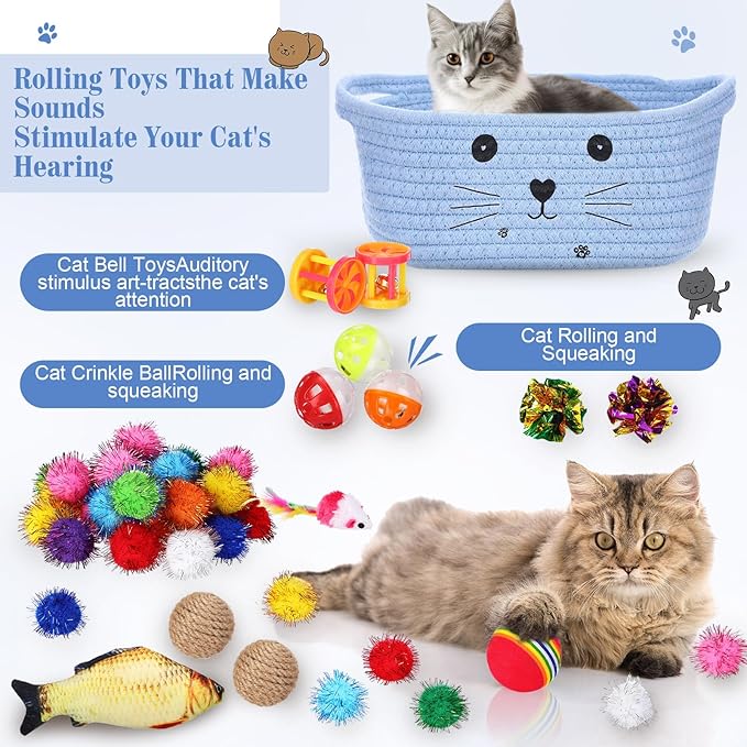 Zopeal 58 Pcs Summer Graduation Cat Storage Basket Gift Toys Set, Colorful Flashing Balls Pet Bell Crinkle Balls Spring Toys Attract Cat to Swat, Hunt, Interactive for Pet(Light Blue,9.8 Inch)