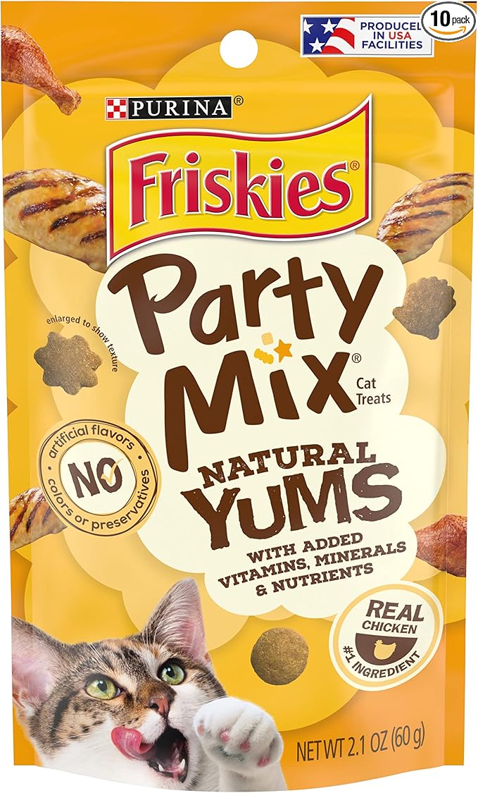 Purina Friskies Natural Cat Treats, Party Mix Natural Yums With Real Chicken & Vitamins, Minerals & Nutrients - (Pack of 10) 2.1 oz. Pouches