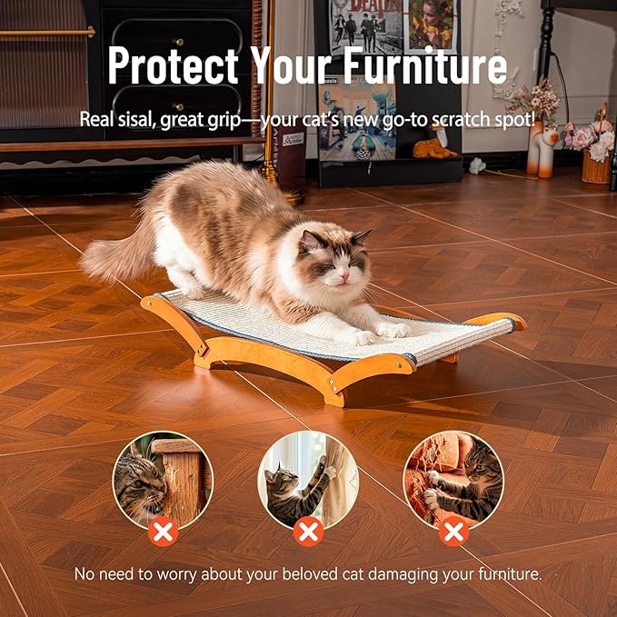 JUNSPOW Sisal Cat Scratcher Bed for Indoor Large Cats Lounger & Sleep, Natural Durable Cat Scratching Hammock Pad Board, Solid Wooden Kitten Chair Furniture Easy Assembly