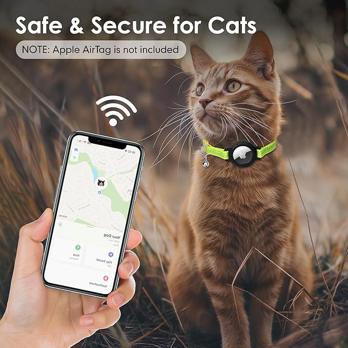 azuza AirTag Cat Collar with Reflective Fluorescent Green, Breakaway Safety Collar with Lightweight Design, Apple AirTag Holder and Bells, Adjustable for Cats(9-13")