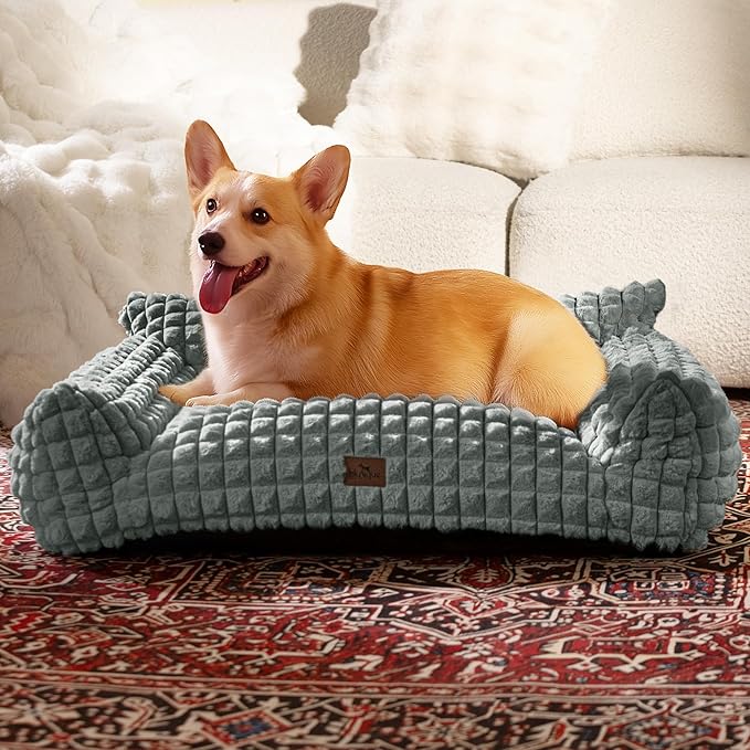 Cute Small & Medium Dog Couch Bed – Supportive & Fluffy Pet Sofa with Faux Rabbit Fur Washable Cover in 3D Diamond Pattern, 36" Grey