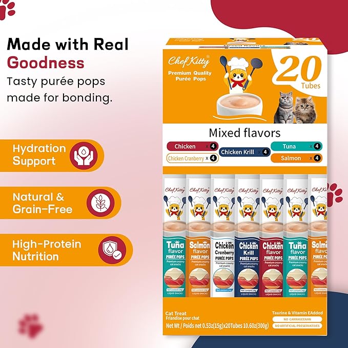 Purée Pops + Pink Feeding Spoon, Grain-Free, Lickable, Squeezable Creamy Cat Treat/Topper, 20 Tubes, Chicken and Seafood Mix Variety