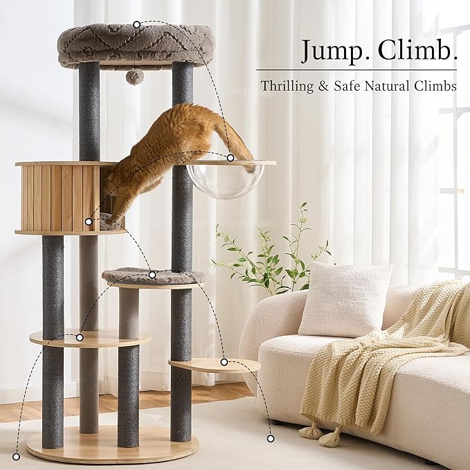 797Audio Wood Modern Cat Tree, 65" Cat Tower with Sisal Scratching Posts, Cat Condo, Capsule and Bed, Solid Wooden Aesthetic Multi-Level Cat Climbing Tree for Large Adult Indoor Maine Coon Cats-Gray