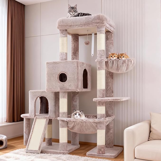 Hey-brother Cat Tree Tower, Scratching Posts with Big Platform, 2 Condos, Spacious Hammock, Cozy Basket, Sisal Board for Indoor Large Adults, 50 Inches Progressive Climbing House, Muchroom MPJ071MU