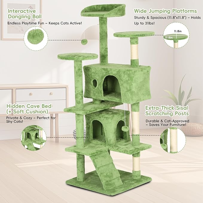 54" Cat Tree for Indoor Cats - Multi-Level Cat Tower with Scratching Posts, Jumping Platforms, Spacious Condo, Cat Bed Cave & Hidden Spaces - Durable Cat Furniture - Green