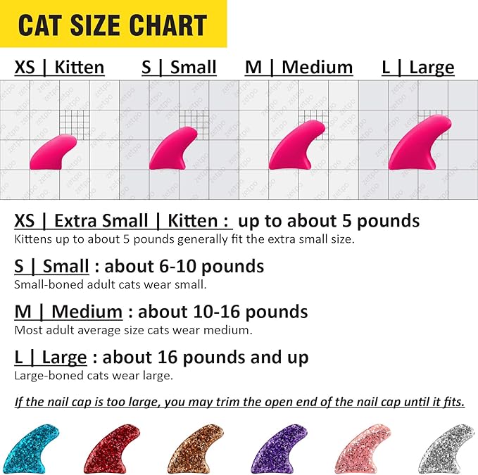 zetpo Glitter Cat Nail Caps | Cat Claw Covers | with Adhesives and Applicators (6X Glitter | 120 pcs, S)
