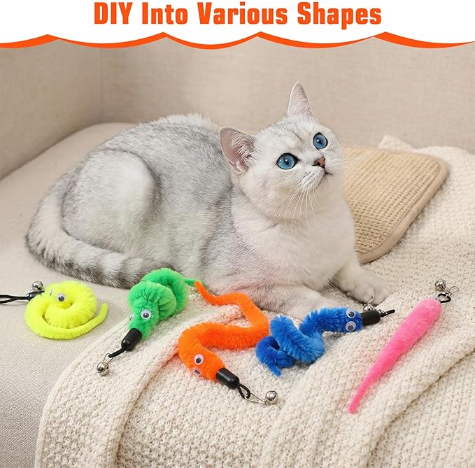 Larrel 15PCS Cat Worm Toy Replacement, Cat Wand Toy Accessories, Soft Worm Cats Toys Teaser with Bell, Fuzzy Worms Toys Attachments Replacements with Eyes for Indoor Cats and Kitten (5 Colors)