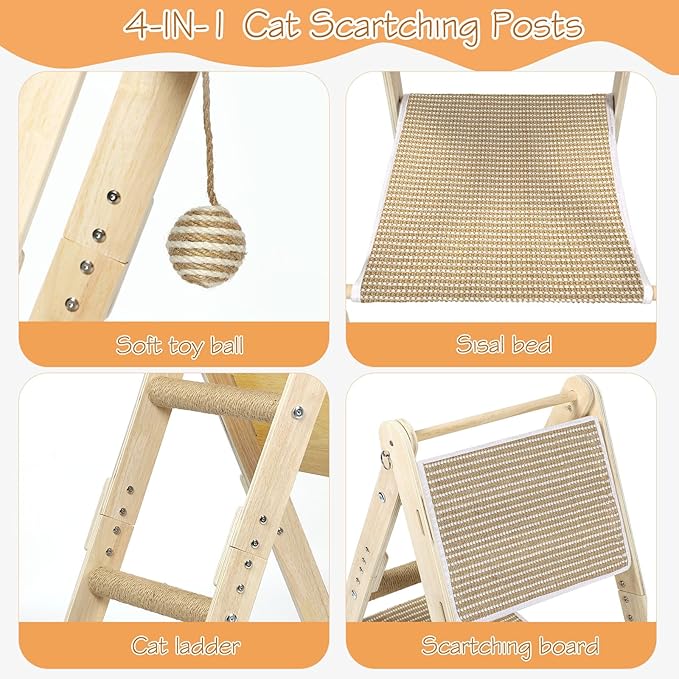4 In1 Cat Scratching Post Triangular Cat Scratcher for Indoor Cats Kittens, Vertical Cat Scratch Board with Jute Cat Bed, Climbing Ramp and Hanging Ball Toy, Foldable Interactive Scratchers