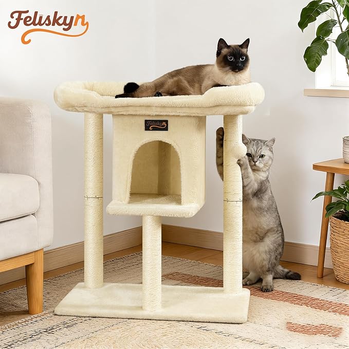 Cat Tree Tower Scratching Post for Indoor Large Cats, Small Cat Tree with Big Perch Bed, 28in Tall Trees House with Condo Cave, Toy Balls, Modern Climbing Furniture Platform for Kitten (Beige)