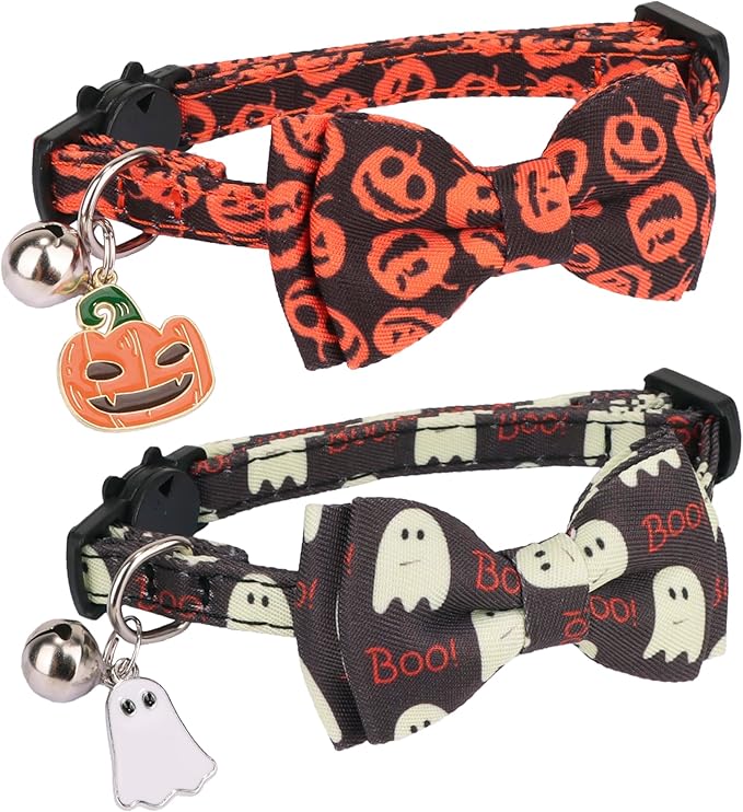 ADOGGYGO Halloween Cat Collar with Bowtie Bell, 2 Pack Halloween Kitten Collar with Removable Bow, Pumpkin Ghost Holiday Collars for Cat Kitten