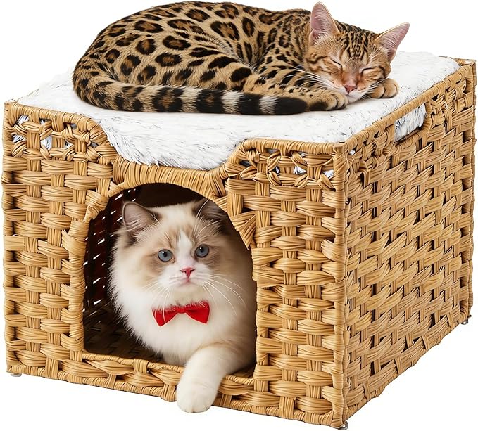 Rattan Cat House for Indoor Cats, Large Cat Bed Cave with One Bed Mat, Foldable Cat Condo Cube Hideaway for Multi Small Pet