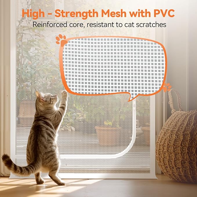 BFNN Cat Screen Door, Extra Tall Cat-Proof Mesh Gate, Fit Door Size 36'' x 82'', Anti-Cat Scratch Mesh with Zipper Closure, for Living Room, Kitchen, Bedroom (White)