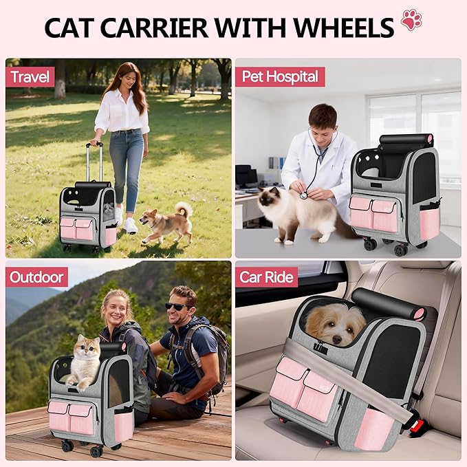 MGB Large Pet Carrier, Foldable Rolling Dog Carrier with Removable Wheels, Cat Rolling Bag 21.3"x15"x12.2" for 2 Cats & 1 Dog for Travel, Outdoor, Vet Visits, Camping, Indoor. Pink. (Not for Airline)