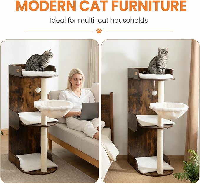 Modern Wood Cat Tree Tower for Indoor Large Cats, Cat Scratching Posts with Big Perch Bed, 44.8" Tall Multi-Level Wooden Cat Condo with Hammock, Removable Pads, Kitty Furniture, Rustic Brown