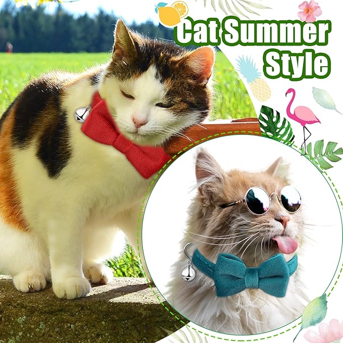 4 Pieces Cat Bow Tie Collar with Bell Breakaway Cat Comfortable Velvet with Cute Safety Pet Collar for Pet Kitten Puppy(Small,Black, Red, Purple, Blue)