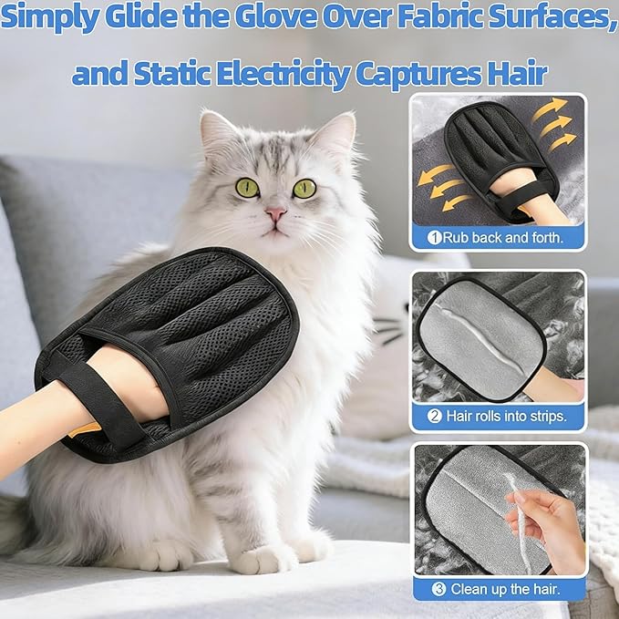 3pcs Large Pet Hair Removal Gloves for Cats | Electrostatic Magic Brush for Clothes, Beds, Sofa, Carpets | Fur Hero | Thickened Newly Upgraded | Fur Remover Mitt for Dogs, 2 Gloves + 1 Lint Scraper