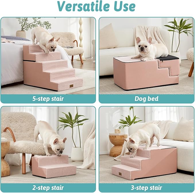COZY KISS Dog Stairs for Small Dogs, 17.7" Extra Wide Detachable Pet Stairs for Couch and Bed, 23.6" H Non-Slip Dog Steps for Puppies and Old Cats, 17.7x29.5x23.6 inch, Pink