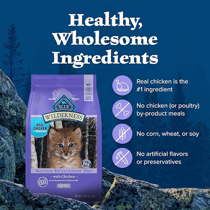 Blue Buffalo Wilderness Natural Kitten Dry Cat Food, with DHA and ARA to Support Brain and Eye Development, High-Protein and Grain-Free Diet, Chicken, 5-lb. Bag