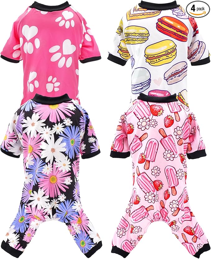 PET SHOW 4 Pack Dog Pajamas for Extra Large Dogs Girl Soft Stretchy PJs Paw Floral Jumpsuit Dog Doughnut Ice Cream Onesies Outfits with Sleeve Pets Breathable Summer Clothes Costume XXXL
