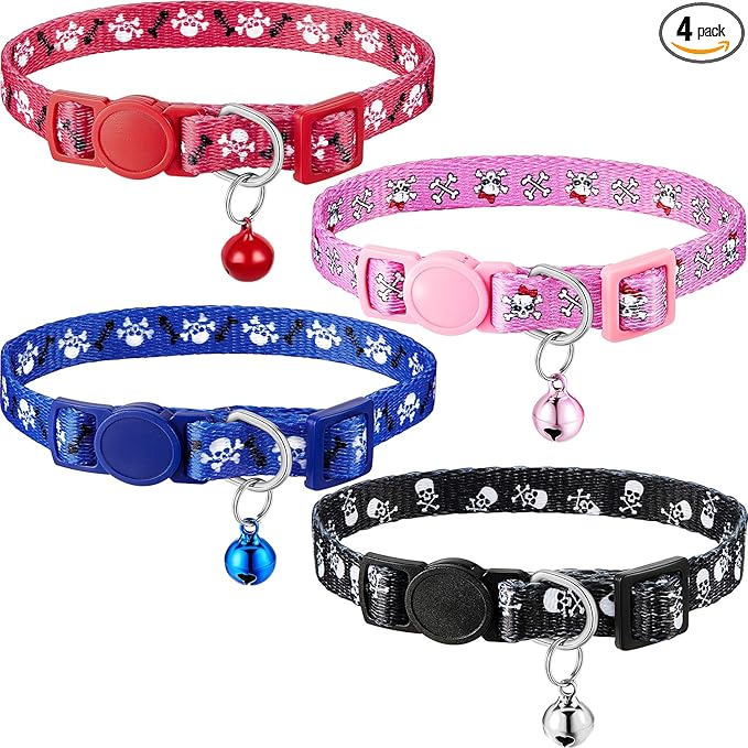 Weewooday 4 Pieces Goth Cat Collar Set Adjustable Kitten Skull Collar with Bell Charm Breakaway Multicolor Halloween Cat Outfit with Skull Patterns for Kitten