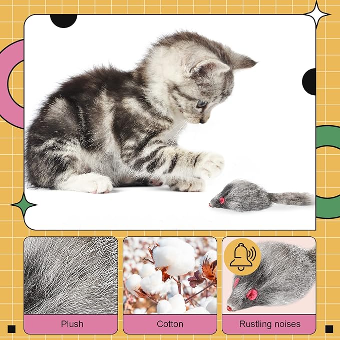 Hungdao 60 Pcs Furry Mice Interactive Catch Play Rabbit Fur Mouse Rattle Sound Rat Plush for PET Cats and Kittens, 3 Colors(White, Black, Gray)