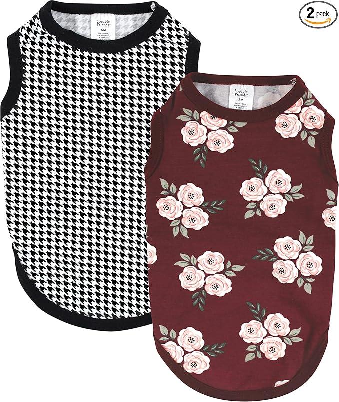Luvable Friends Dog Pet Dog and Cats Cotton T-Shirts 2pk, Burgundy Floral Houndstooth, X-Small