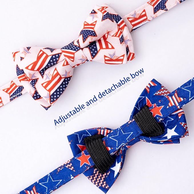 Faygarsle 2 Pack 4th of July Independence Day Cat Collar Cute Pink Blue American Flag Star Printed Collar with Bow tieBreakaway Cat Collar for Boy Girl Female Male Cats