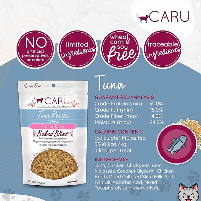 Caru - Soft ‘n Tasty Baked Tuna Bites - Natural Treats for Cats - Supports Muscle & Heart Health - Packed With Protein - Traceable Ingredients - Flavorful - Non-GMO - Made in USA - 3 oz - 1 Pack