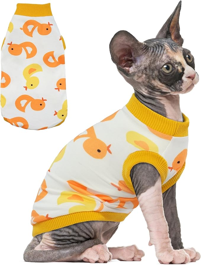 PUMYPOREITY Sphynx Cat Clothes - Stretchy Sweater, Soft Shirt, Pullover Pajamas, Turtleneck for Sphynx, Cornish Rex, Devon Rex - Yellow, XL