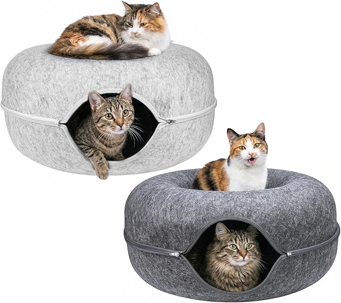 Cat Cave Bed Tunnel Donut 2 Pack– Peekaboo Felt Hideaway for Indoor Large Cats up to 45 lb – Detachable Washable Scratch-Resistant – Multi-Cat & Kittens, Dark Grey/Grey