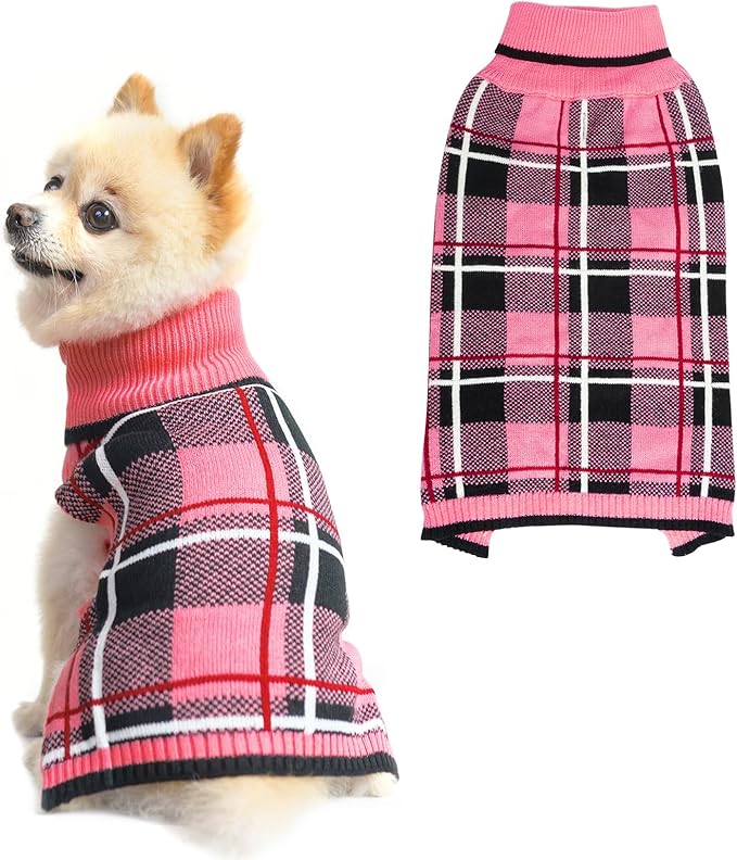 KOOLTAIL Dog Sweater Pet Knitted Clothes - Classic Plaid Pull Over Turtleneck Dog Sweaters with Leash Hole Warm Dogs Winter Pet Clothing for Small Medium Dogs Cats Puppy L