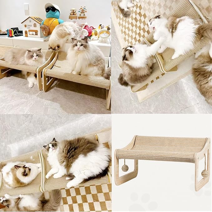 Sisal Cat Scratcher Bed for Indoor Cats,Hammock for Scratching Pad, 2 in 1 Elevated Cat Sisal Chair with 2 Toys Ball for Scratcher Lounge,Kitty Bench,Small Dog Bed,Natural Lounger Chair