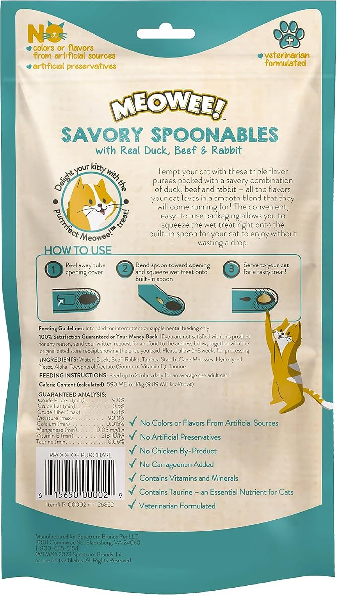 MEOWEE! Savory Spoonables with Real Duck, Beef & Rabbit, 8 Count Tube, Triple Flavor Squeezable Lickable Wet Treats for Cats with Built-in Spoon for Less Mess
