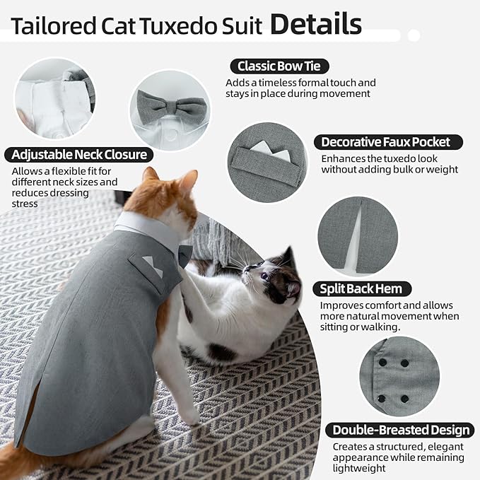 QBLEEV Cat Tuxedo Outfit, Sphynx Cat Costume for Cats Only, Formal Kitten Clothes Attire Suit with Bow Tie, Stylish Birthday Wedding Party Photo Shoots Costume for Male Female Cats, M, Grey