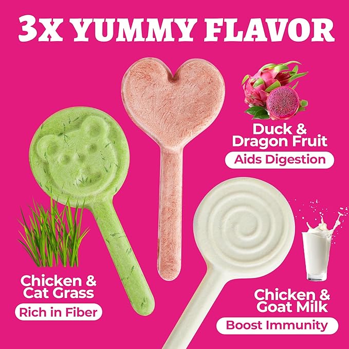 Wellix Freeze-Dried Treats for Dogs and Cats - Cat Grass, Dragon Fruit, Goat Milk Flavor 21pcs, Lollipop Healthy Cat Treats, Chicken Recipe Cat Treats, Low Calorie Training Treats