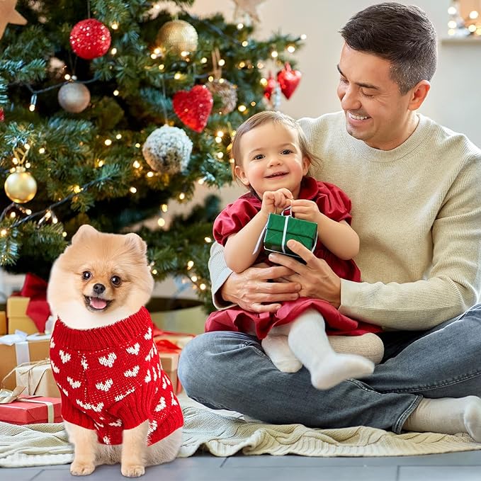 Heart Knit Pet Sweater, Warm Pullover Winter Clothes for Small and Medium Dogs Cats, Soft Puppy Outfit for Cold Weather, Christmas, Valentine's Day (Red, M (Fit 6–7 lbs, Chest 12–13", Neck 9–10"))